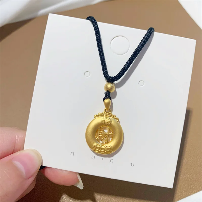 Round Fortune Pendant Necklace for Women TikTok Same Style Brass Plated Black Cord Necklace Long-lasting Pendant Sweater Chain W