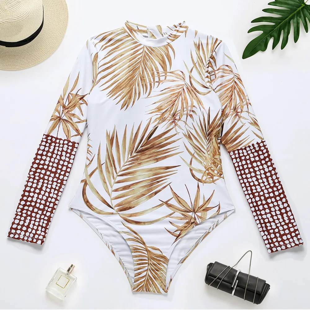 Woman Long Sleeve One Pcs Swimsuit Leaf Polka Dot Printed O Neck Front Zipper Padded Monokini M