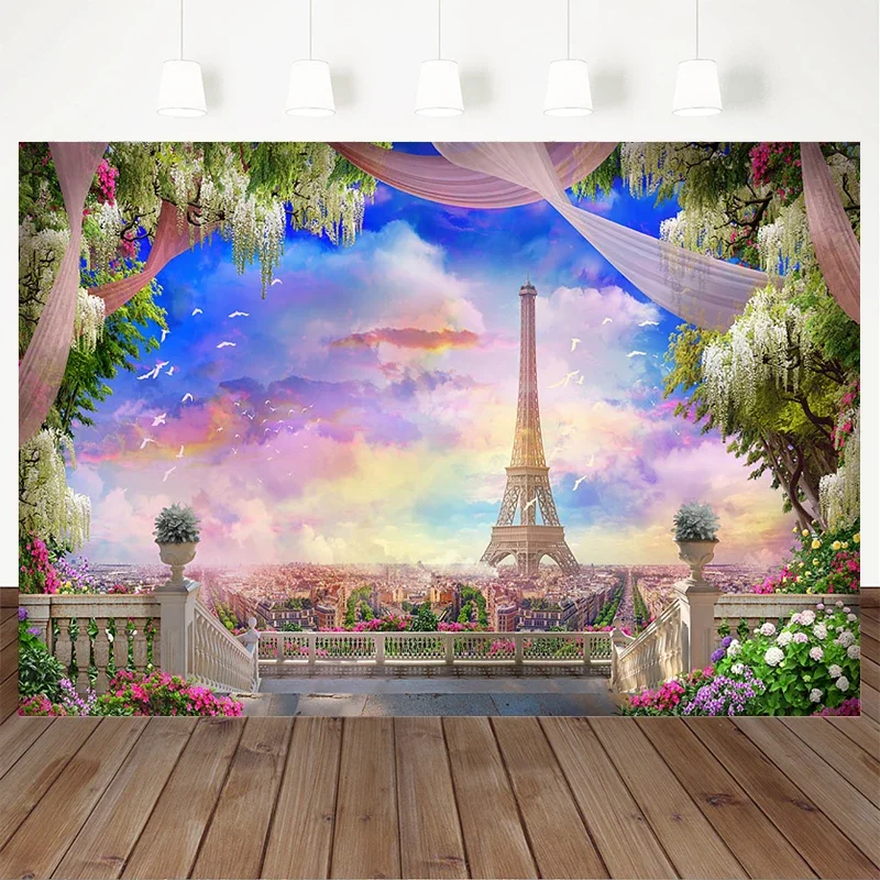 Mocsicka Summer Decoration Photography Background Colorful Sky City Tower Building Bird Tree Flowers Backdrops Studio Photobooth