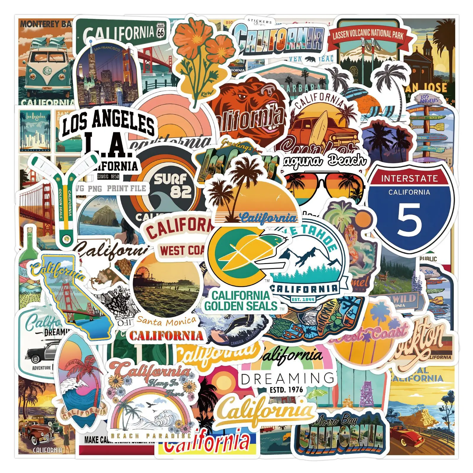

10/60PCS California Travel Outdoor Landscape Graffiti DIY Decorative Luggage Water Cup iPad Laptop Stickers Kids Toy