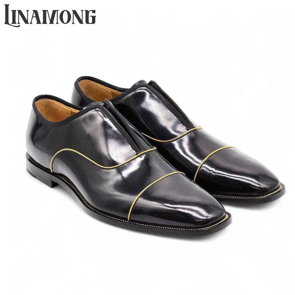 

Black Patent Leather Oxford Shoes Slip on Dress Shoes Gold Leather Trim Elegant Business Dress Shoes Men's Wedding Leather Shoes