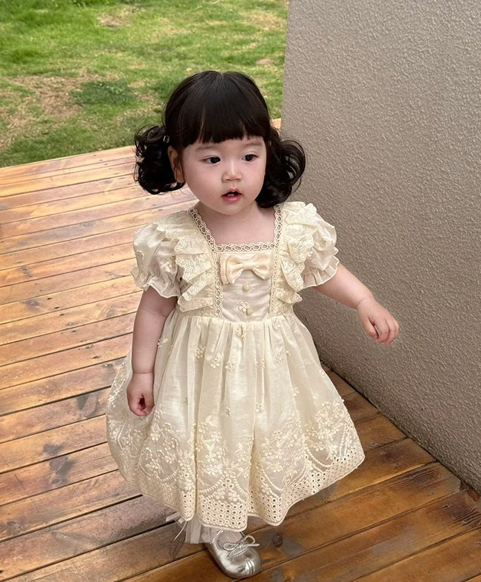 Spring 2026 Korean Children Clothes Girl Princess Dress Lace Vest Sundress Sweet Fresh Fashionable Baby Girls Dress