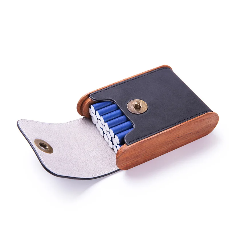 It Can Accommodate 0.7MM 20 Cigarettes With Magnetic Buckle Clamshell Vertical Solid Wood Leather Cigarette Case