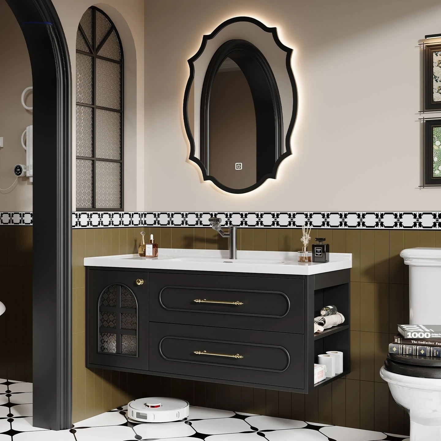 

Side storage Bathroom cabinet combination Black ceramic basin Bathroom sink