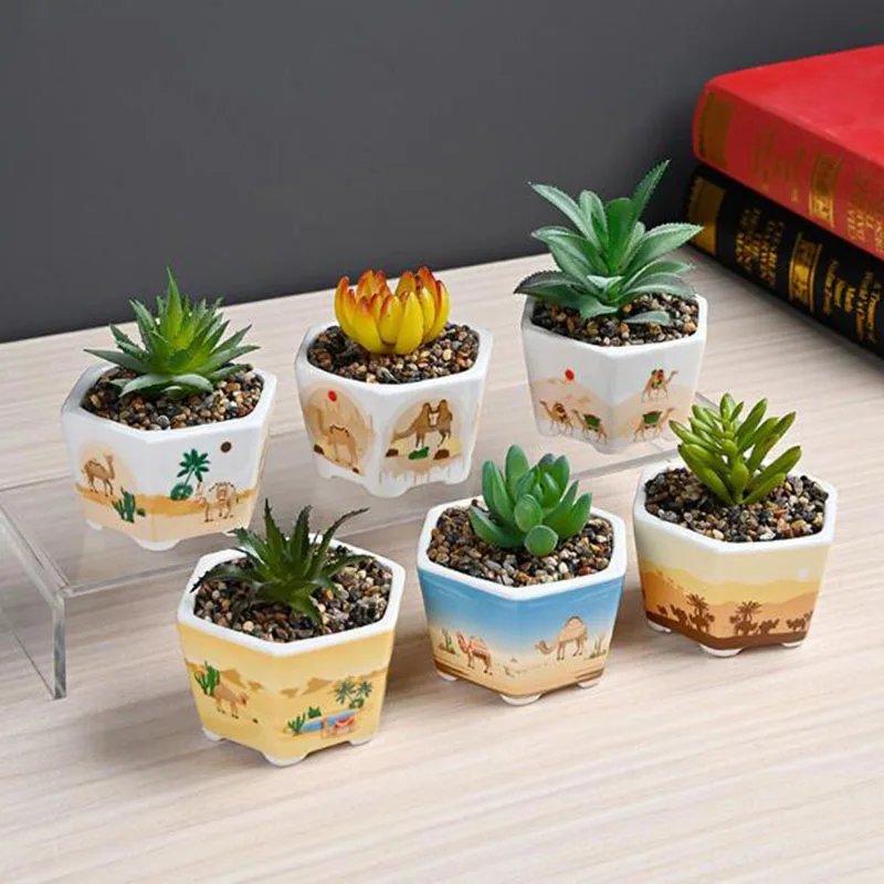Middle East Style Camel Pattern Succulent Plant Pot Flowerpot Hexagonal Bonsai Plants Growing Pots Garden Home Decor