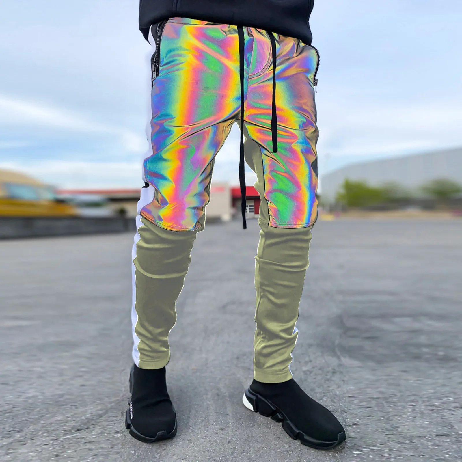 

Colorful Reflective Pants Men's Cotton Linen Samurai Clothing Patchwork Print Retro Harem Pants Loose Shorts Harajuku Hip Hop