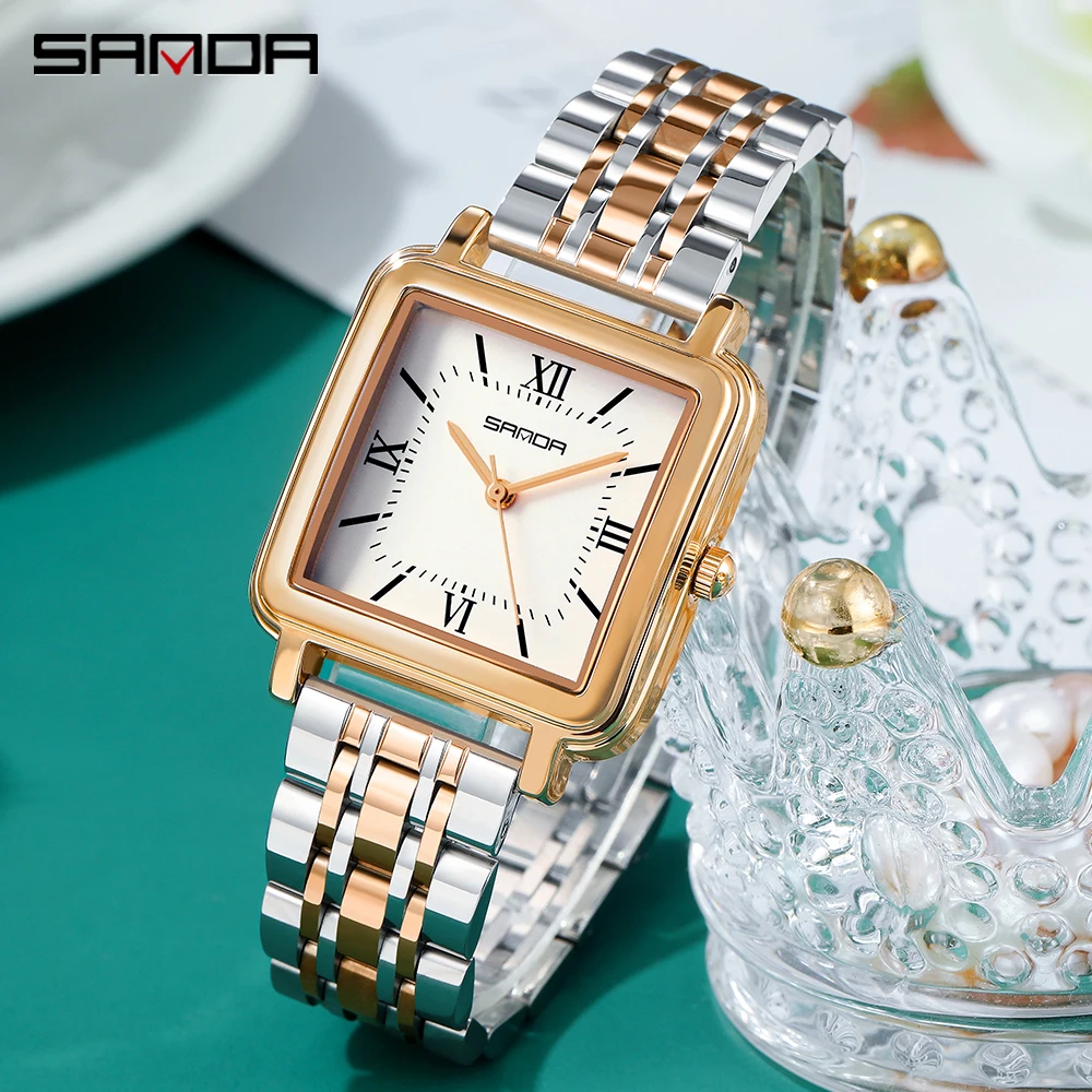 SANDA Ladies Quartz Watch Fashion Leather Women Square Watch Simple Rose Gold Wristwatch Lover's Gift With Box Relogio Feminino