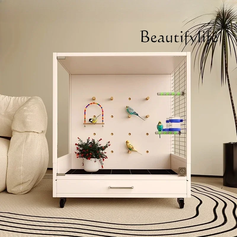 

Y Panoramic Transparent Parrot Cage Solid Wood Bird Cage Monk Small Sun Xuanfeng Peony Special Tiger Skin Household Large Space