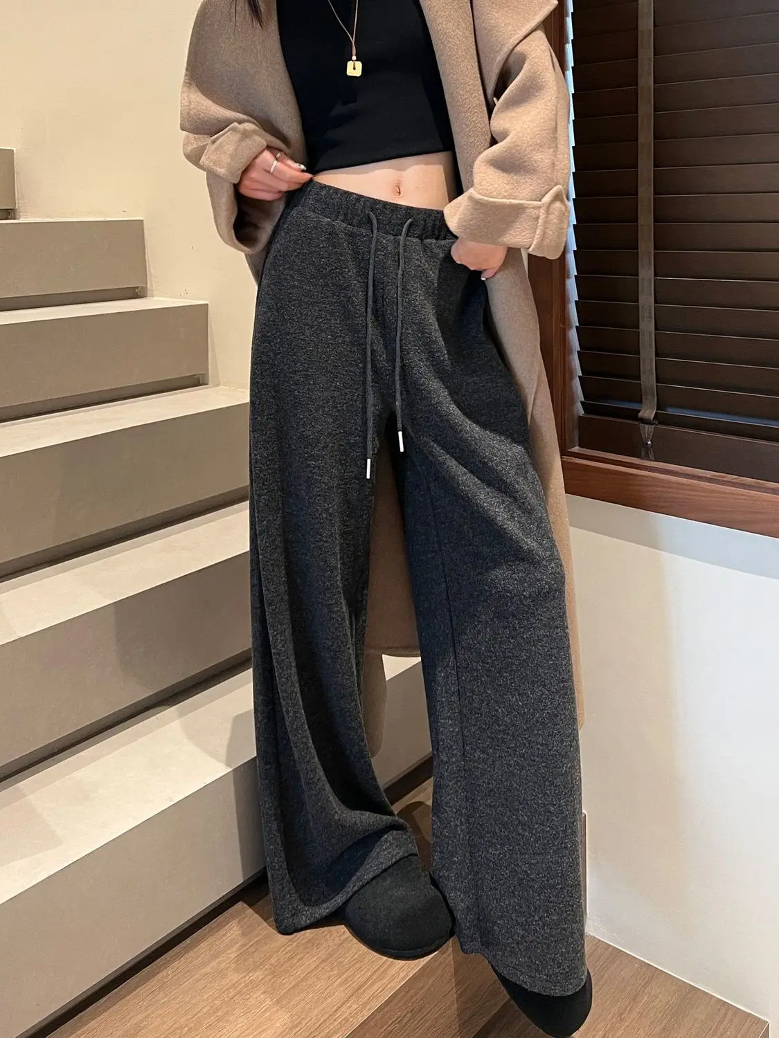 

Серые широкие брюки для женщин на осень и зиму, новые свободные и толстые повседневные прямые брюки с высокой талией