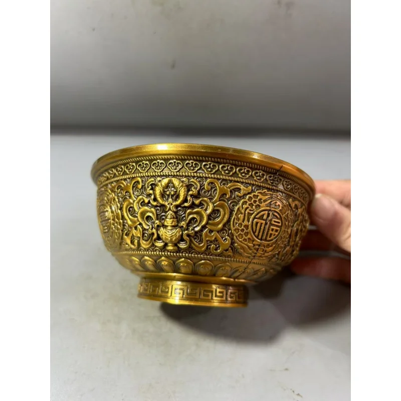 Antique Copperware Collection Qing Dynasty Qianlong Year Gilt Relief Fortune and Longevity Eight Treasures Bowl Copper Bowl Home