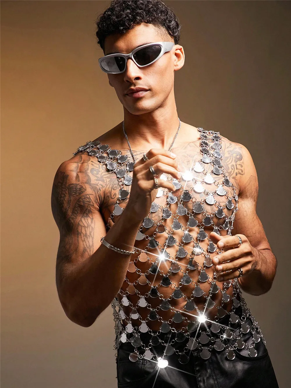 

Men's Tops For Party Acrylic Shiny Mirror Vests Nightclub Top Trendy Laser Reflective Outfit Sexy Sleeveless Vests