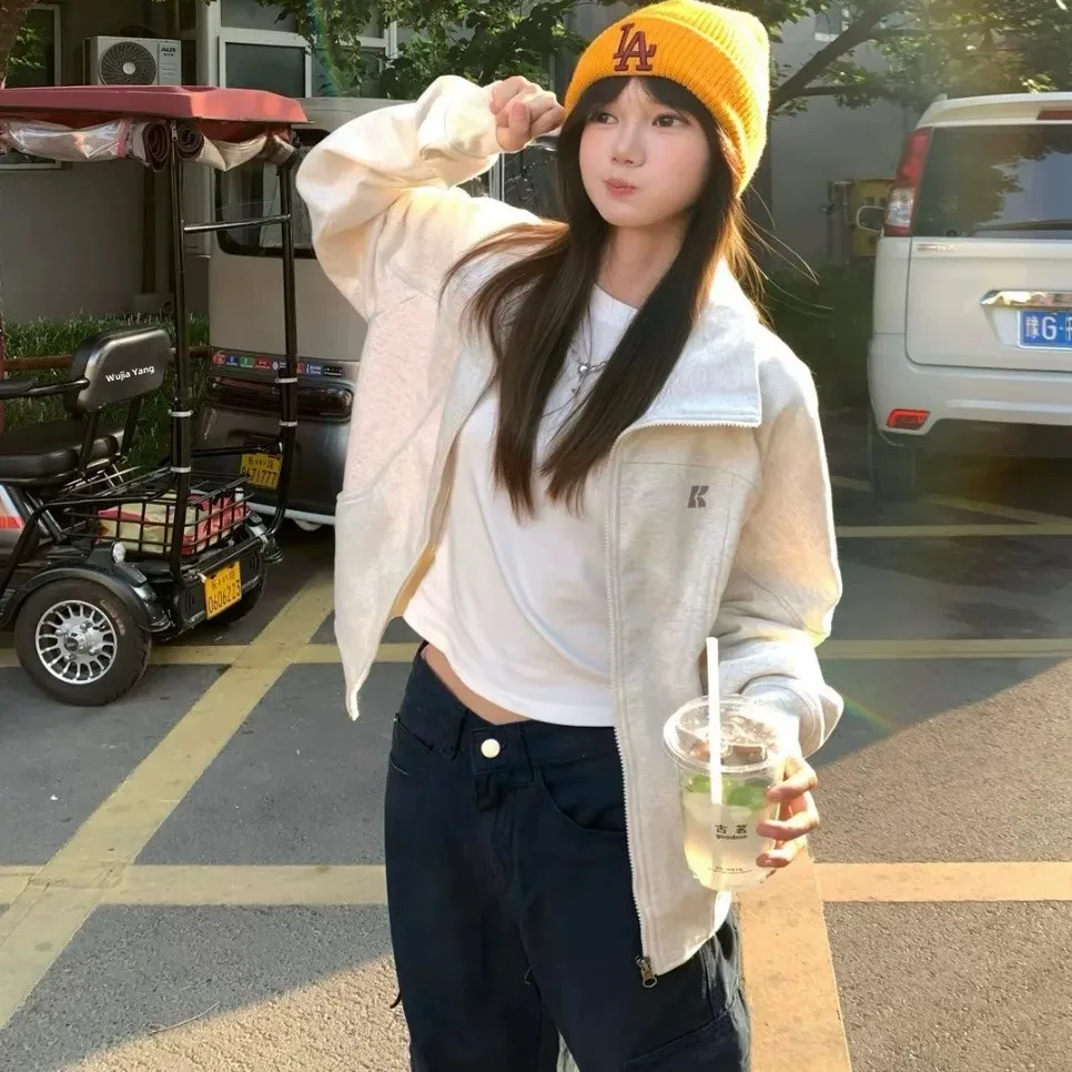 Korean Style Short Baseball Jacket Sweatshirt Women's Loose Fit Zipper Design Long Sleeve Commute Friendly Pullover Top