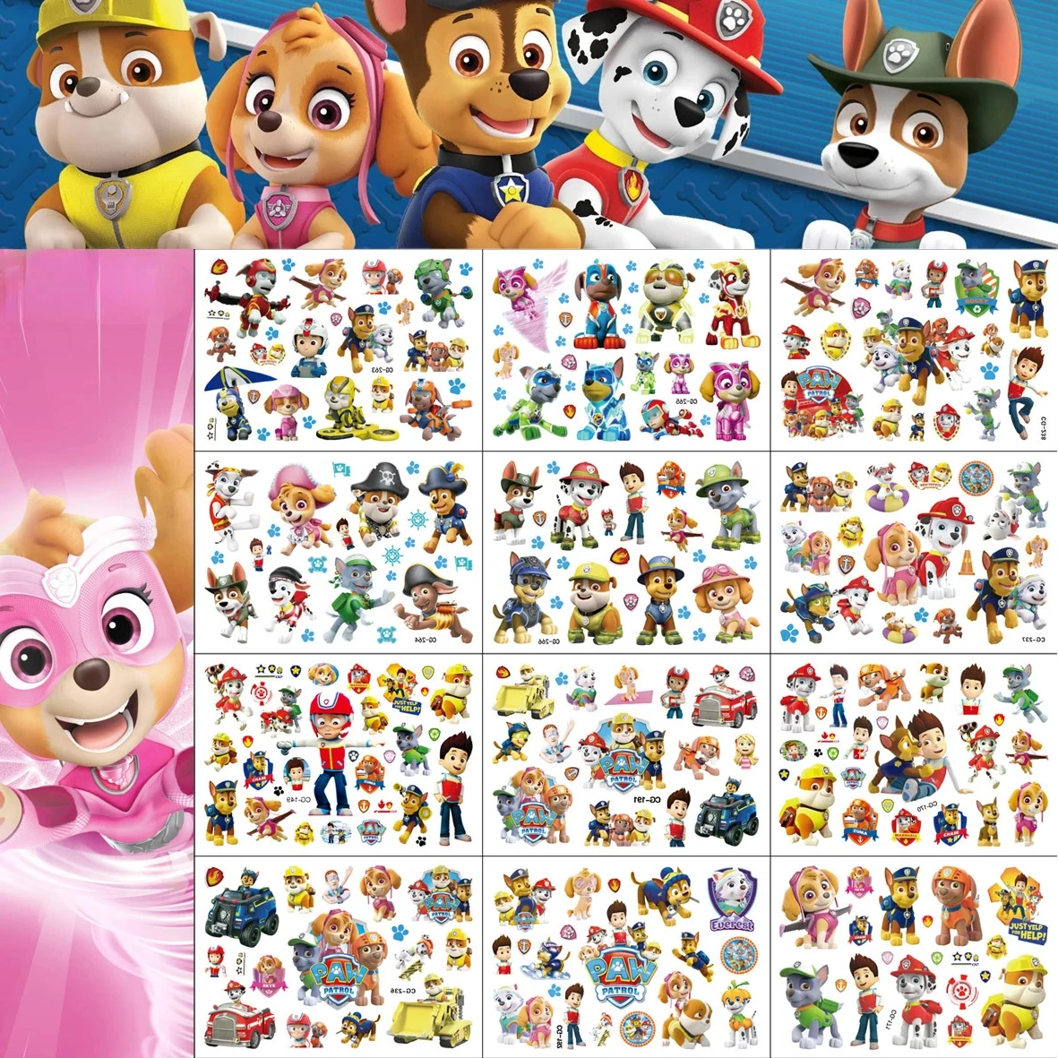 5PCS Paw Patrol Series Sticker Skye Rocky Rubble Everest Tattoo Sticker Lovely Body Art Fake Tatoo Temporary Waterproof Taty