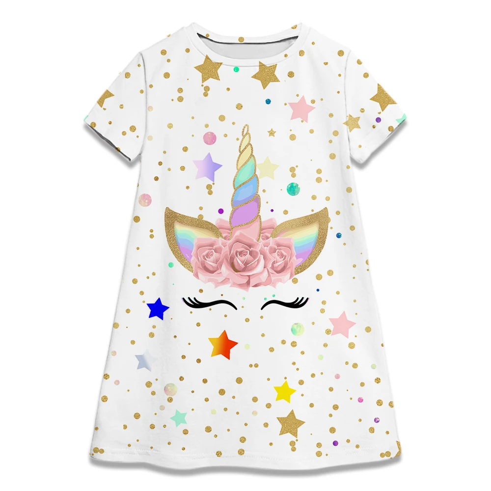 Summer Girl White Short Sleeve Princess Dress Short Sleeve Kids Unicorn Party Baby Dresses Children Clothing 2-8Y Birthday Gifts