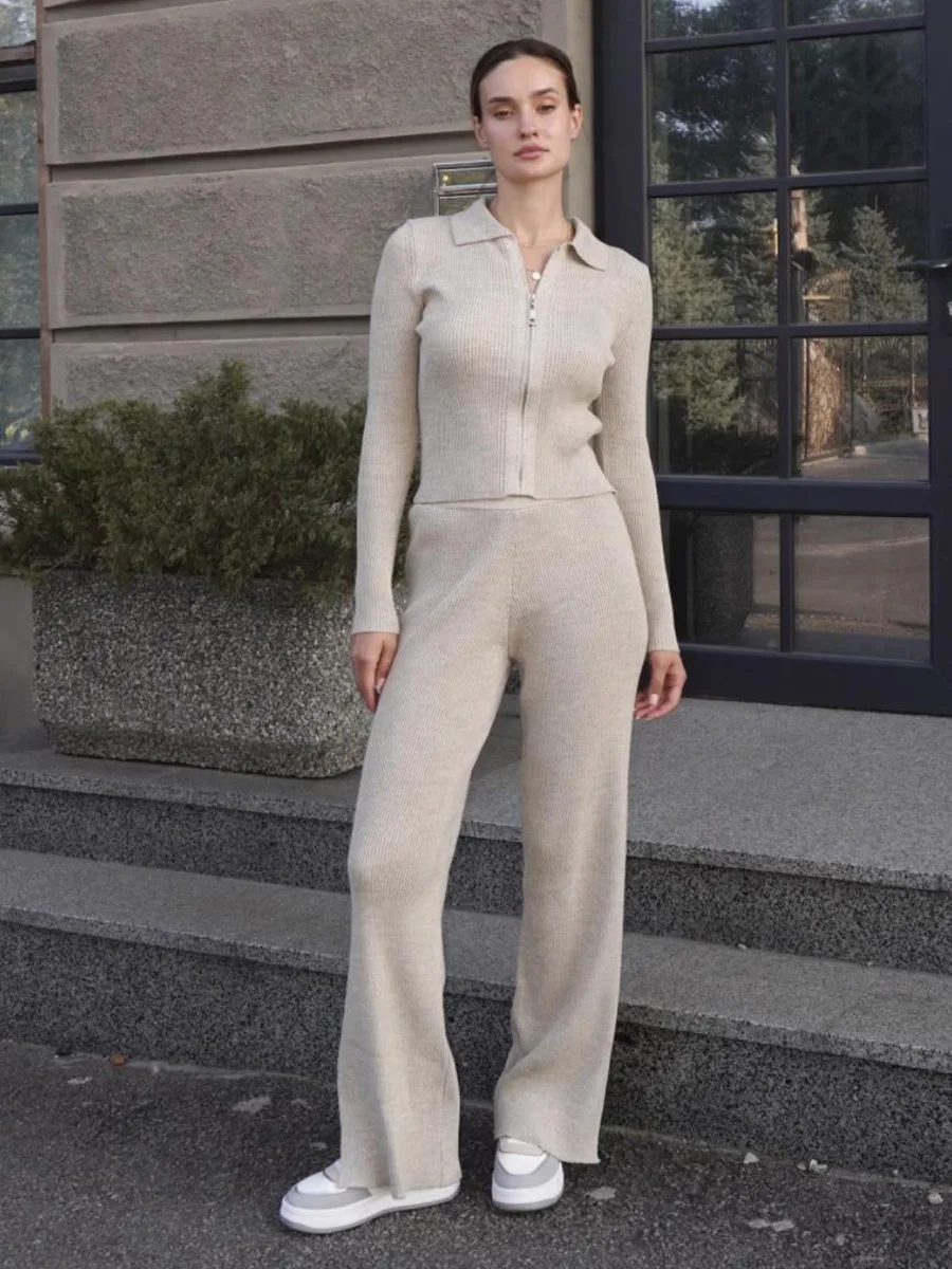 Blubelle Damen-Set, neuer Herbst-Winter, gerippter Strick, geteilter Saum, kurze Strickjacke, weites Bein, Hosen-Set, Retro-Reißverschluss, schmale Passform, modische Sets