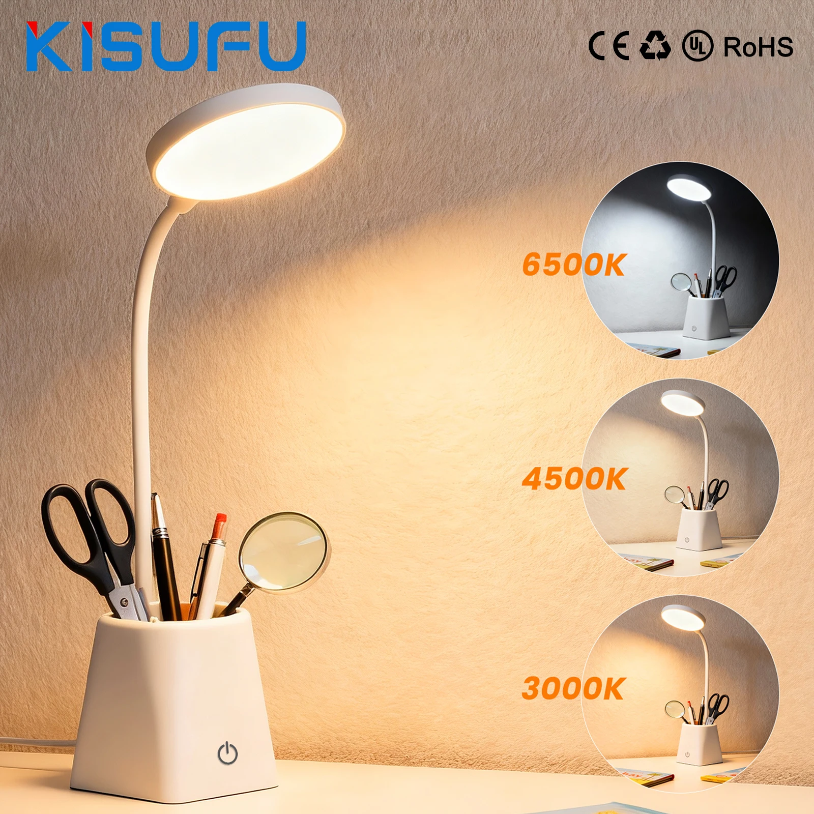 مصباح مكتبي LED يعمل باللمس مع حامل قلم 3 ألوان 360 درجة ° دوران القراءة مصباح ضوء الليل USB شحن غرفة الدراسة أباجورة