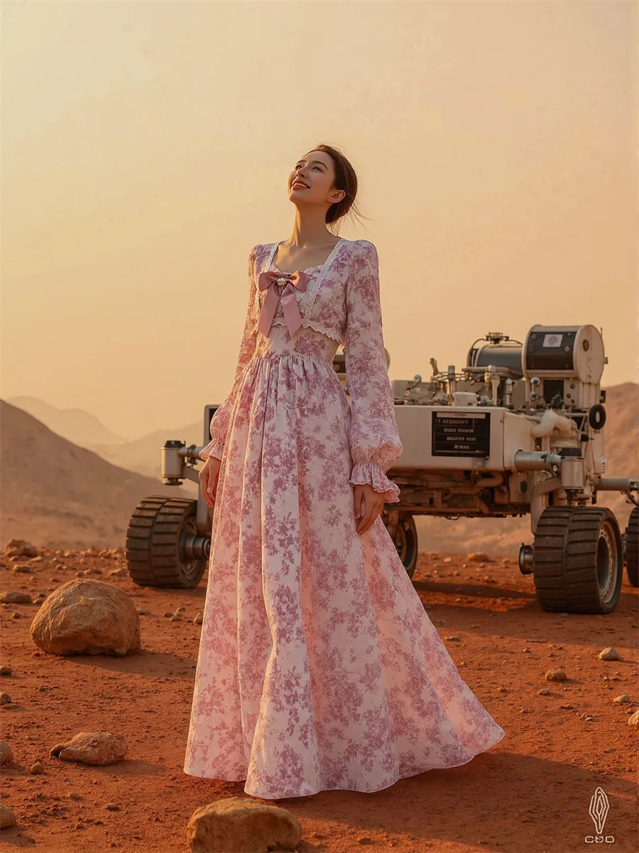 Robe rose femme mi-mollet ample douce Cottagecore Fairycore esthétique esthétique littéraire Boho bohème Vintage rétro