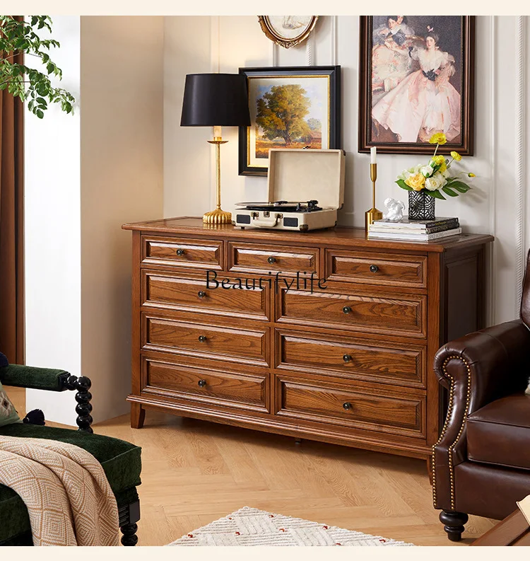 

American Style Bedroom Storage Nine-Drawer Cabinet Living Room Light Luxury Five-Drawer Cabinet Solid Wood Drawer Cabinet