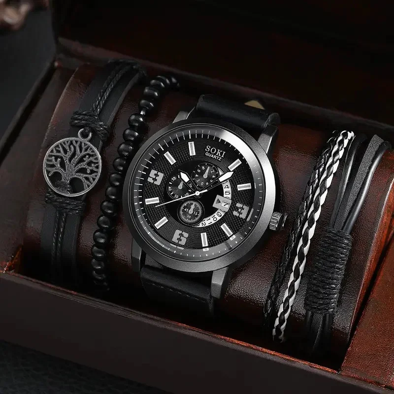 

Cool Watch and Bracelet Set in Box for Men Business Fashion Casual Quartz Wristwatches Male Clock Men Gift Set Relogio Masculino