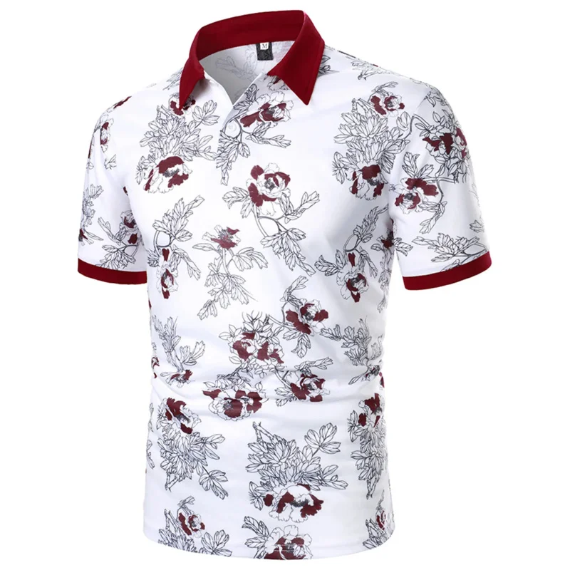 Men's floral polo shirt casual button short-sleeved turn down collar shirt vintage slim fit social dress polo shirt male tops pa