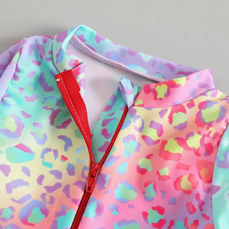 Kids Girls One Piece Swimsuit Gradient Leopard Print Long Sleeve Zipper Bathing Suit with Swim Cap UV Protection Beachwear