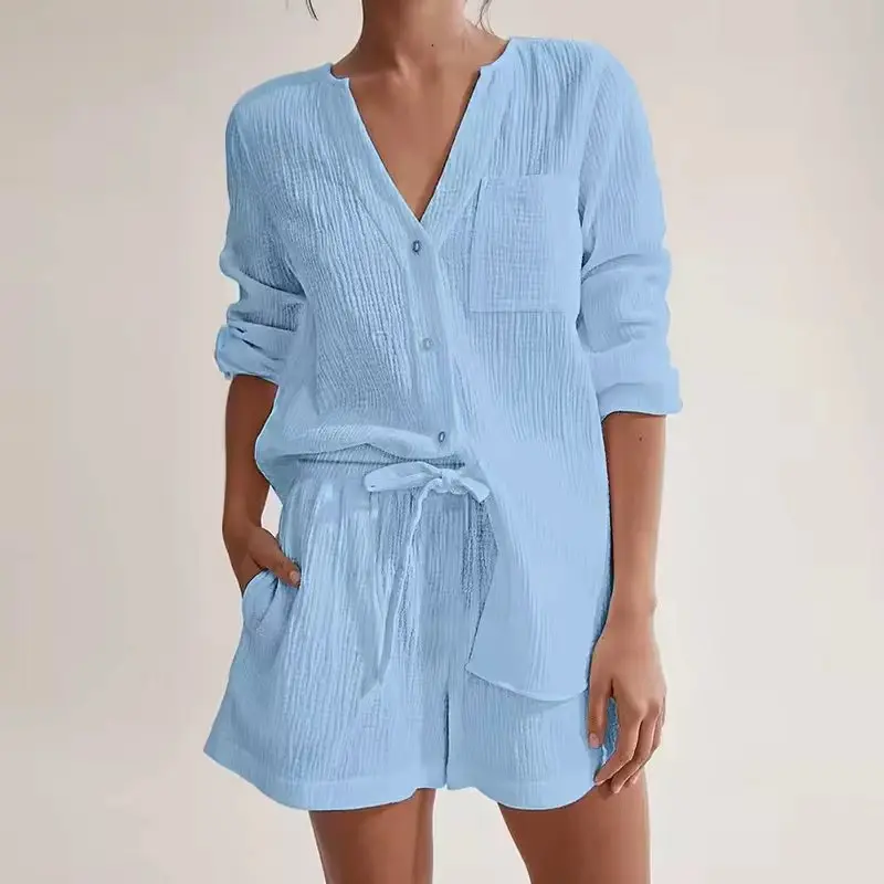 2026 Newly 100% Cotton Gauze Muslin Sets for Women 2 Pieces Button Up Long Sleeve Top + Shorts Set Elegant Suit