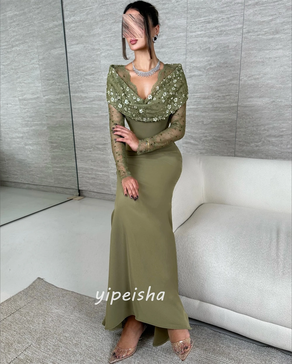 Customized Formal Classic Jersey Lace Handmade Flower Mermaid Off-the-shoulder Long Dresses Evening Dresses Sizes Available Sexy