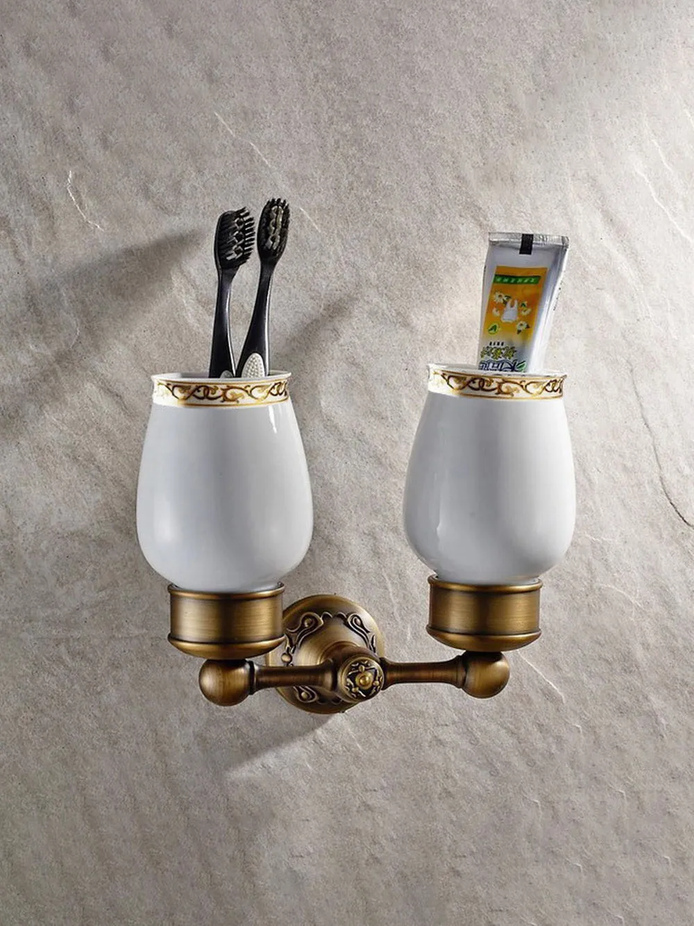 Wall Mounted Vintage Retro Antique Brass Bathroom Toothbrush Holder Set Bathroom Accessory Dual Ceramic Cup mba432