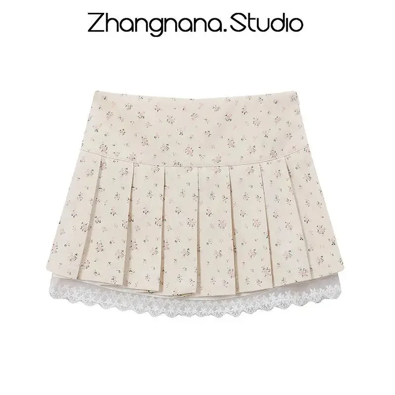 일본 스위트 Y2K 미니스커트 여성 프레피 슬림 웨이스트 타이업 보우 레이스 러플 플리츠 스커트 여성용 팔다스 모다 2024