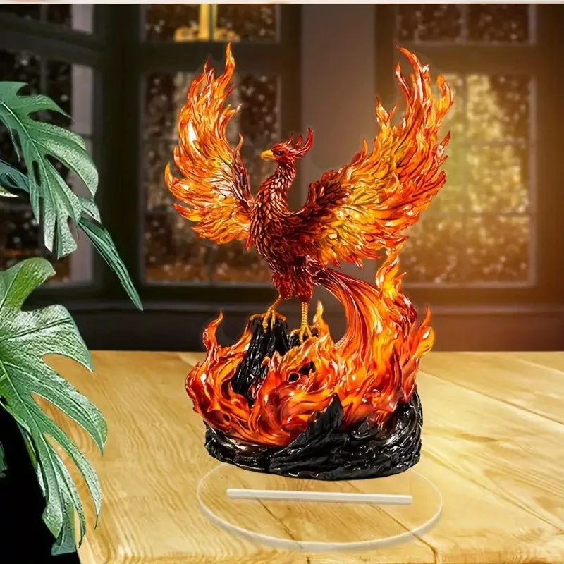 2D Planar Acrylic Red Flame Phoenix Bird Figurine Colorful Flames - A Gift of Strong Vitality Blessing Birthday of A Bird Lover