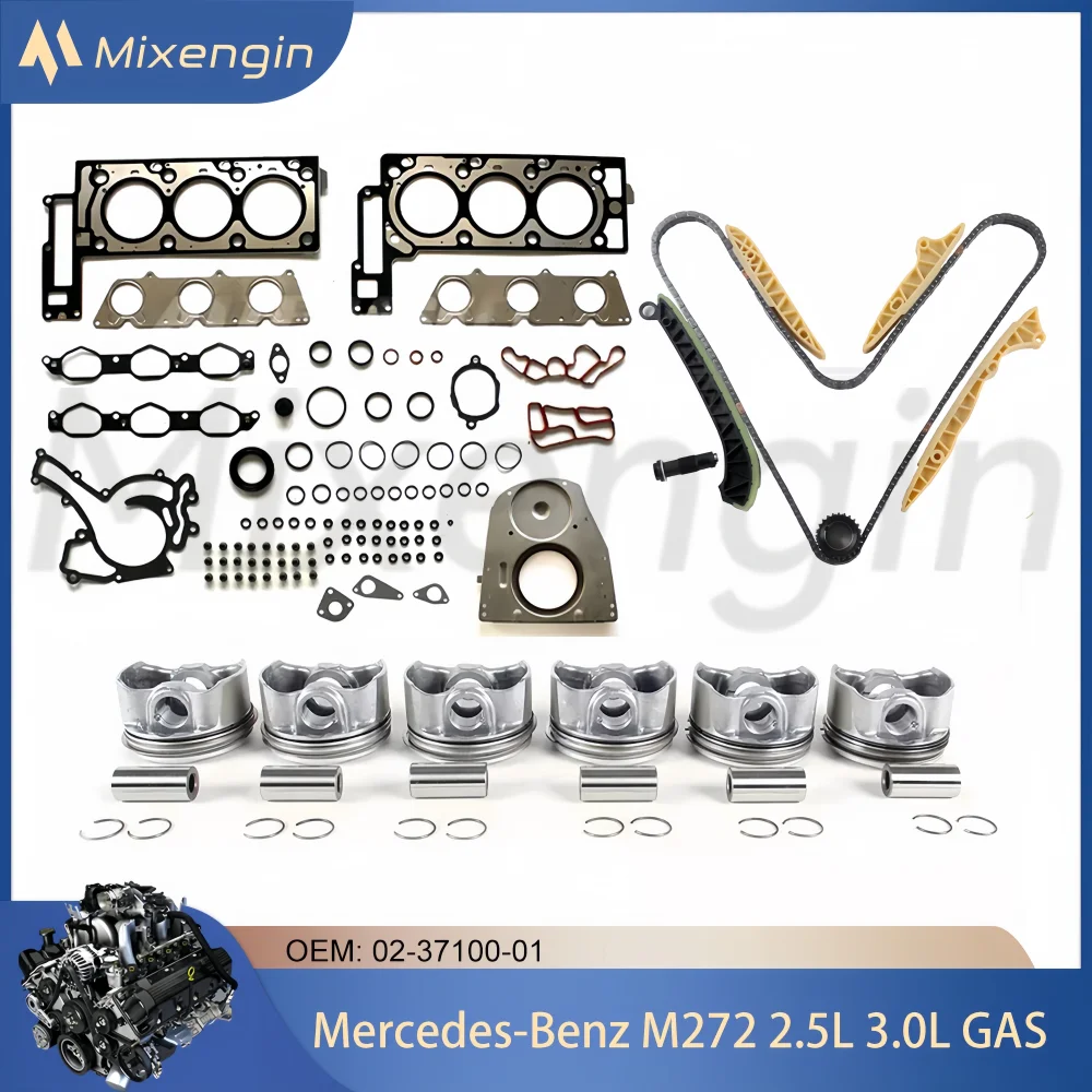 Engine Full Head Gasket Set & Timing chain kit & Piston Ring SetFor M272 2.5 3.0 L T V6 GAS Mercedes-Benz C230 SLK280 SLK300 etc