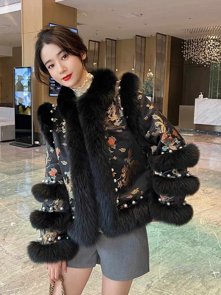 2024 Fall Winter New Chinese Style Imitation Fox Fur Jacket Women's Short Fashion Young Lady Nail Bead Cotton Tang Clothing Coat