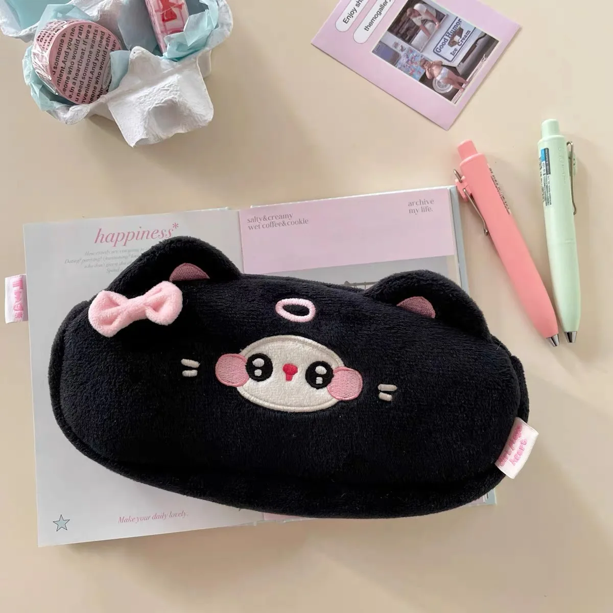 Kawaii Original Black Cat Pencil Case Plush Large capacity School Pencil Pouch Stationery Cosmetic Bags Cartoon Storage Pen Box