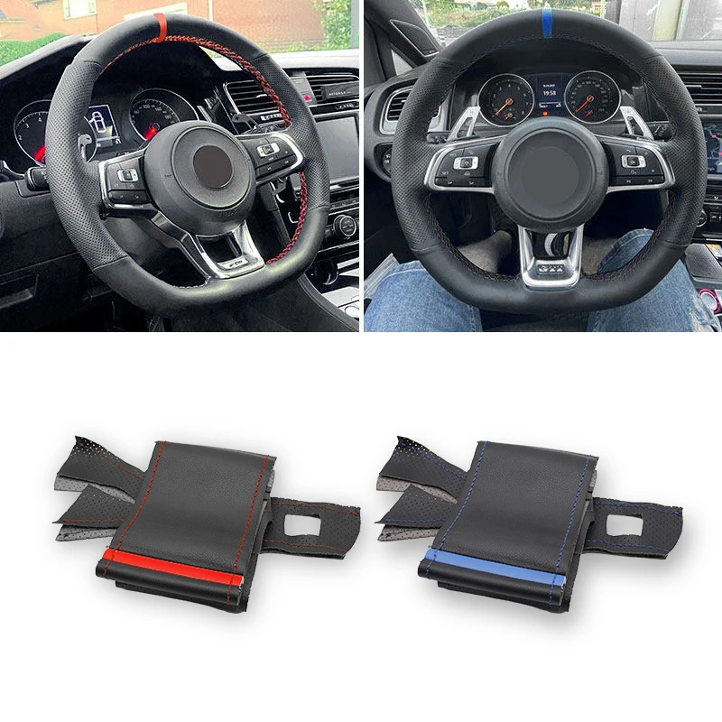 

For VW Golf 7 GTI Golf R MK7 Passat Polo Scirocco 2015 2016 Hand Sew Car Steering Wheel Cover Protection Perforated Leather Trim