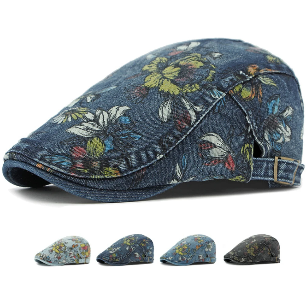 HT4338 Men Women Caps for Spring Autumn Flower Floral Beret Hat Washed Cotton Denim Beret Cap Male Female Artist Painter Cap Hat