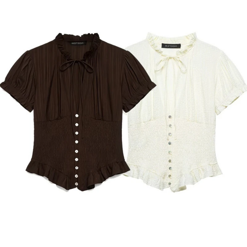 

Spring Summer Women Clothes Elegant Bows Patchwork Shirts Slim Tops Short-sleeved Trends Design Blouses Tops Mujer