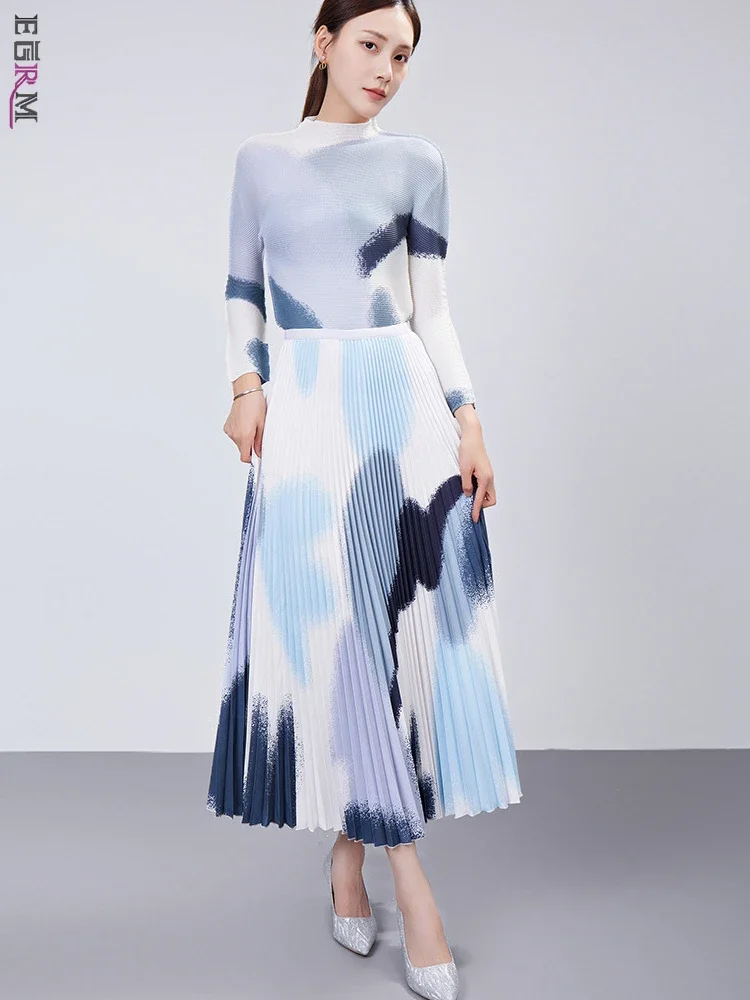 

EGRM Autumn 2024 New Miyake Pleated Women SET Printed O Neck Long Sleeve Top + Retro Design Elegant A-Line Half-Body Skirt 9G163