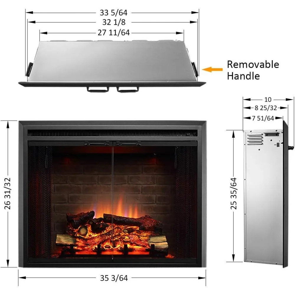 Inserto per camino elettrico battente con suono crepitante, porta in vetro e schermo a rete, 750/1500W