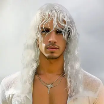 Sentetik erkek peruk uzun beyaz kıvırcık peruk erkek Cosplay parti için kaliteli yüksek sıcaklık Fiber saç