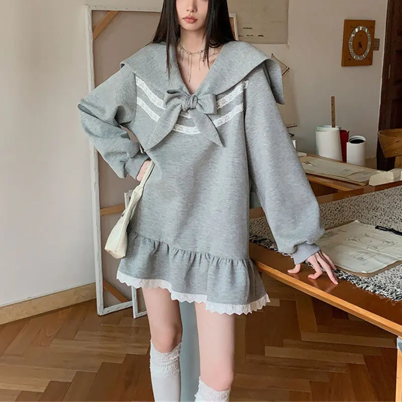 

Sweet Preppy Style Mini Dress Female Clothing Fashion Lace Spliced Spring Autumn Sailor Collar Bandage Bow Basic Ruffles Dresses