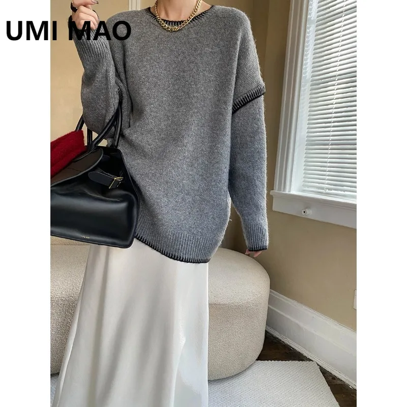 

UMI MAO Топ с круглым вырезом и разделенным дизайном контрастных цветов, свободный вязаный свитер ручной работы и ленивый стиль Femme
