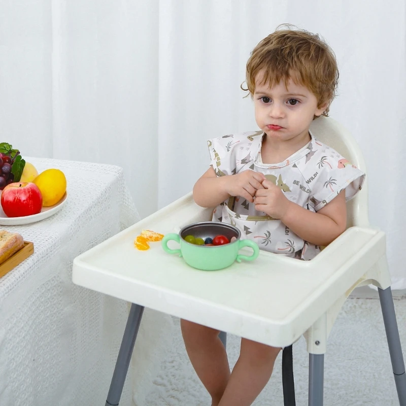 Tablier à Manches Courtes en Cuir PU pour Bébé de 1 à 3 Ans, Bavoir Imperméable avec Poche pour l\'Alimentation des Enfants, Nouveau