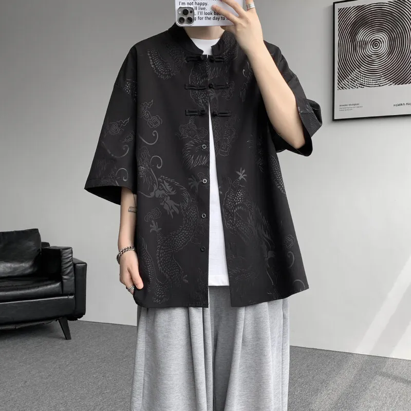 Men's Chinese Style Dragon Embroidered Shirt with Frog Button Closure & Mandarin Collar - Elegant Traditional Formal Wear M-5XL