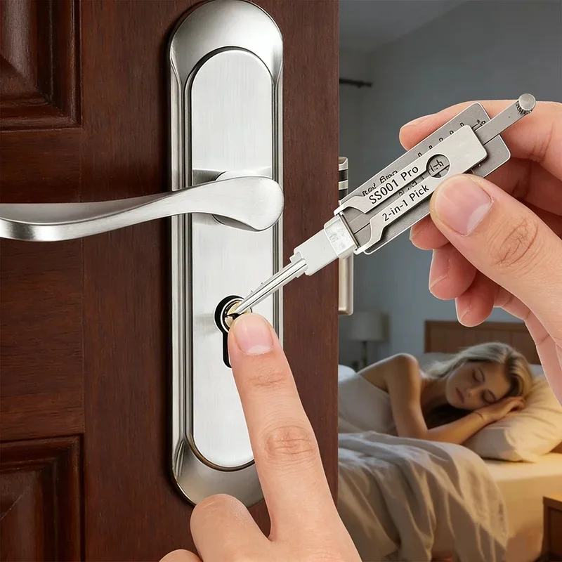 Professional SS001Pro 2-in-1 Stainless Steel Key Decoder Portable Locksmith Tool with Precision Hook & O-Ring Pickup Repair Kit