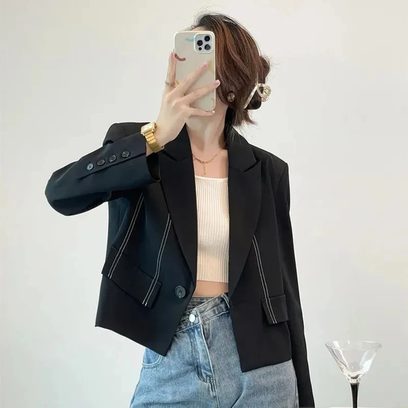 

Zoki Fashion Crop Office Blazers Jackets Women Vintage Notched Striped Solid Blazer Autumn Long Sleeve Button All Match Coats