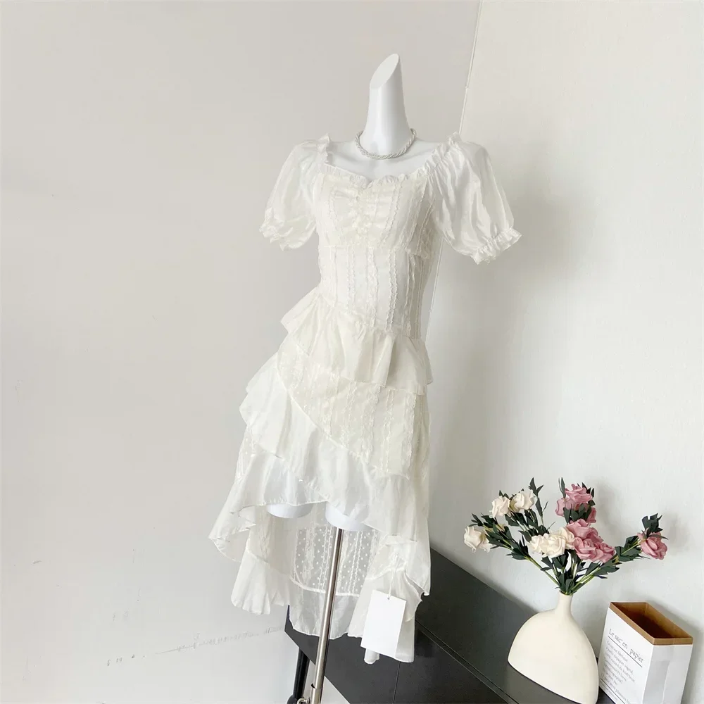 Summer Women\'s White A-line Dress Y2k Vintage Short Sleeve Square Collar Elegant Mini Dress Party Club One Piece Frocks Clothes