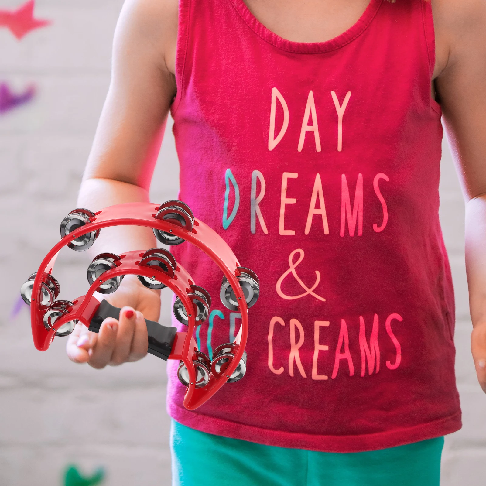 

Double Row Hand Tambourine Half Moon Shape with 40 Jingles Crisp Percussion Sound for Music Class Band Orchestra Red