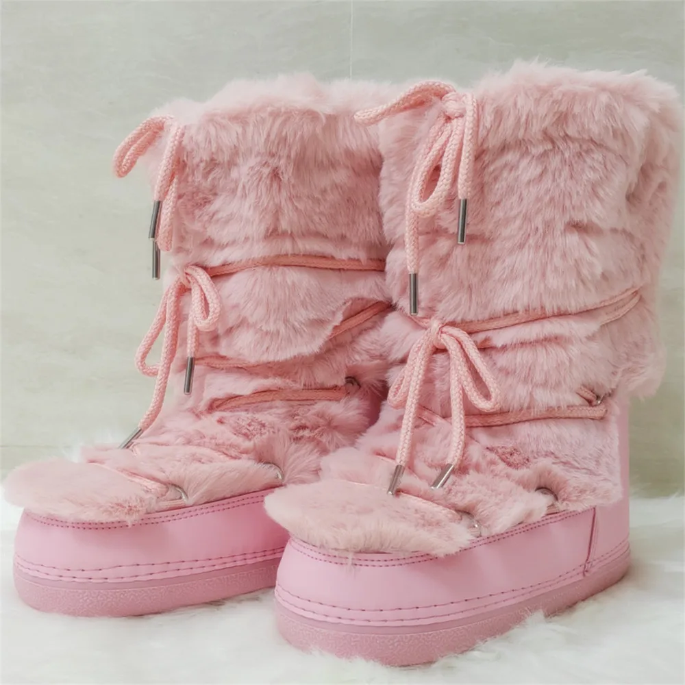 2024 Winter Boots for Women Snow Boots Brand Fluffy Furry Fur Lace Up Black Pink Platform Non-Slip Waterproof Ski Boots