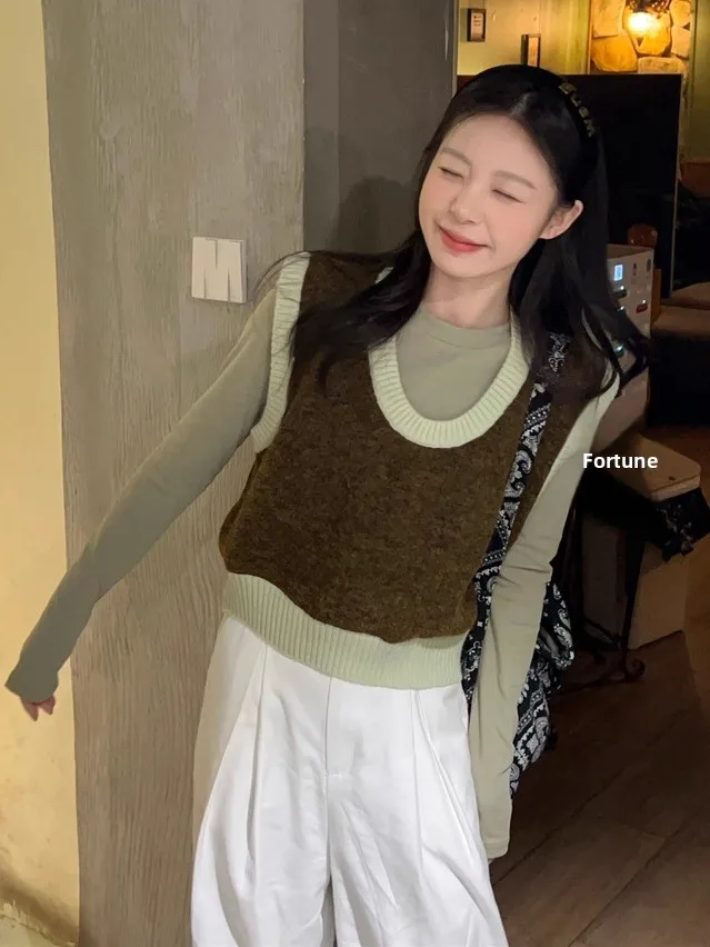 

Spring New Sle Korean Inner Wear ort U-Ne Sweater Vest Women's Outerwear Knitted Top Commute Loose Fit Faion