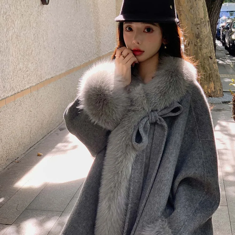 

Fur Sleeve double side Real Fox Fur Collar 2025 New Autumn Winter Coat Wool Women's Warm Luxury Thick Female Coat